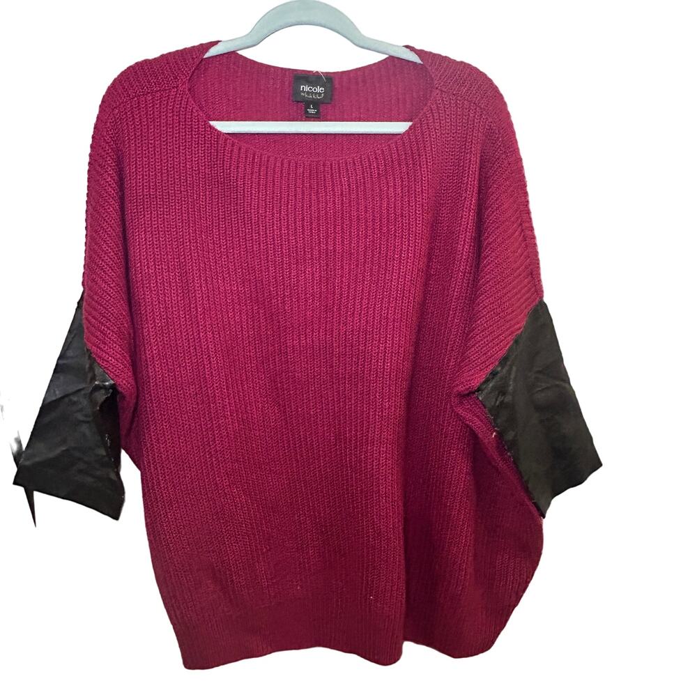 Nicole by Nicole Miller Knit Faux Leather Short Sleeve Sweater Large Fuchsia‎